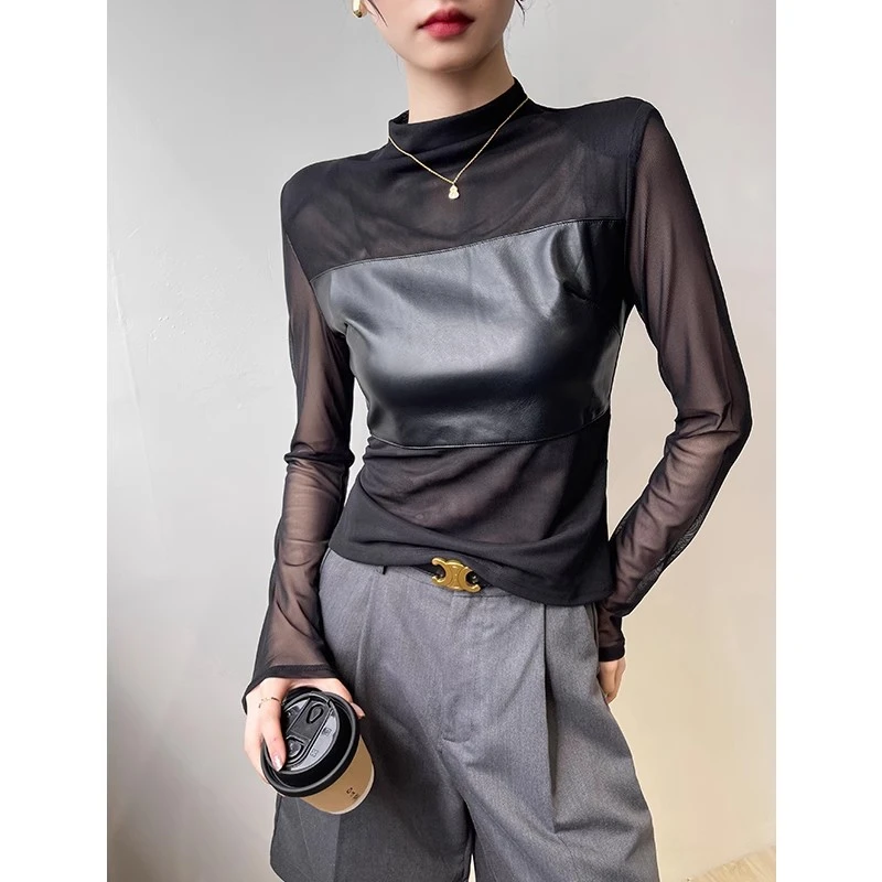 黑色打底衫女春装2025新款半高领网纱长袖T恤内搭垫肩上衣高级感