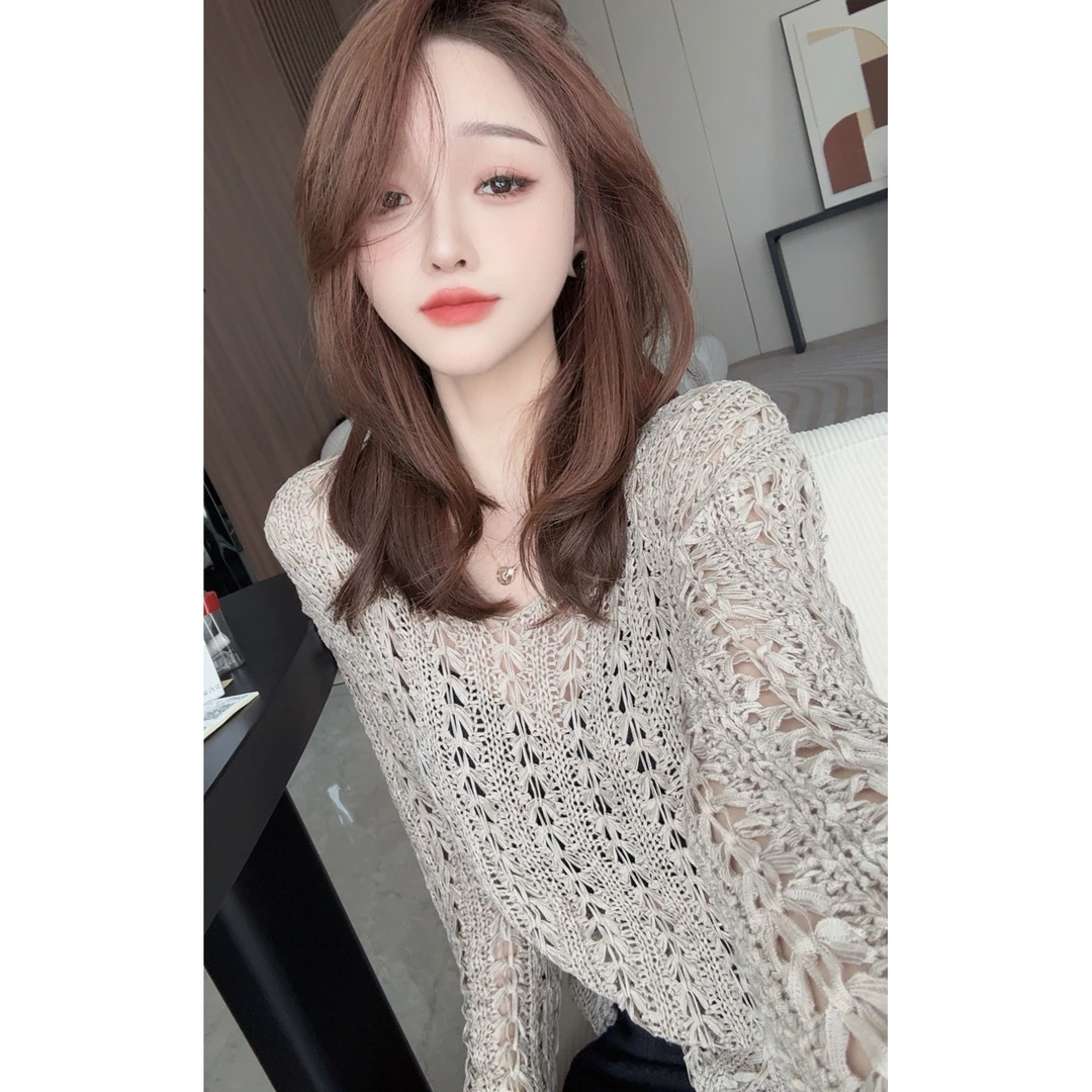 【CHEN】洋气性感女人味镂空宽松长袖针织衫24090105