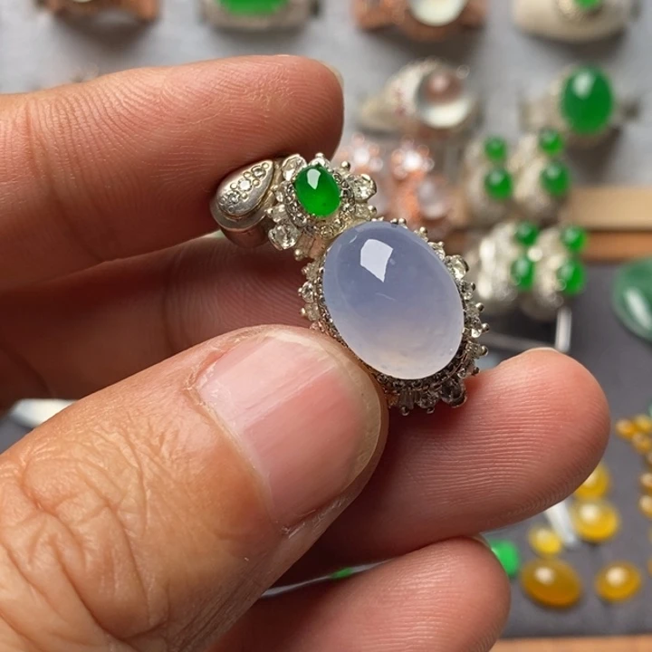 翡翠散珠冰底紫色蛋面吊坠14.3*10.7*4.8