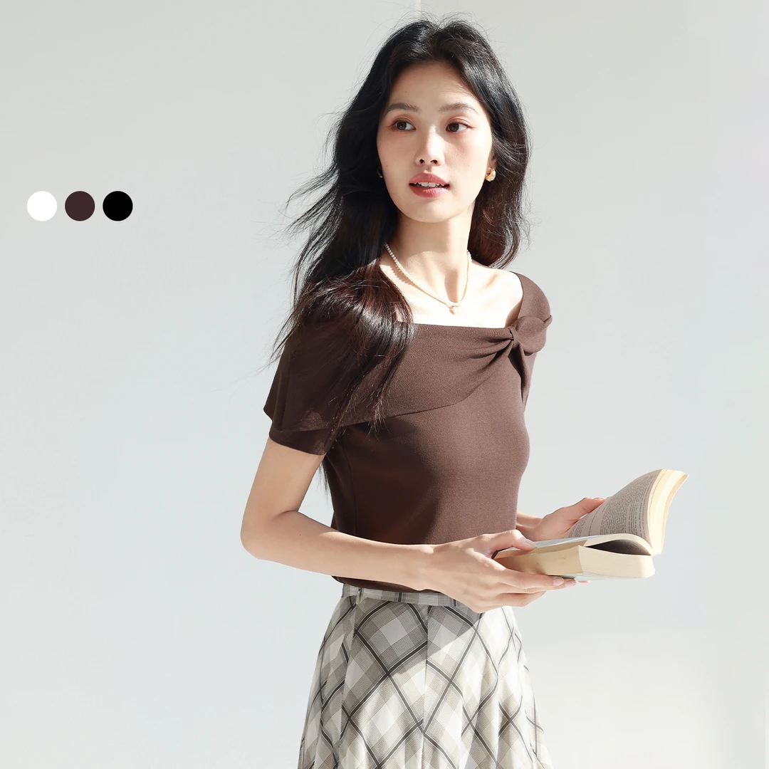 伊芙丽经典方领色设计感显瘦薄款短袖上衣女针织衫25夏1G4930791