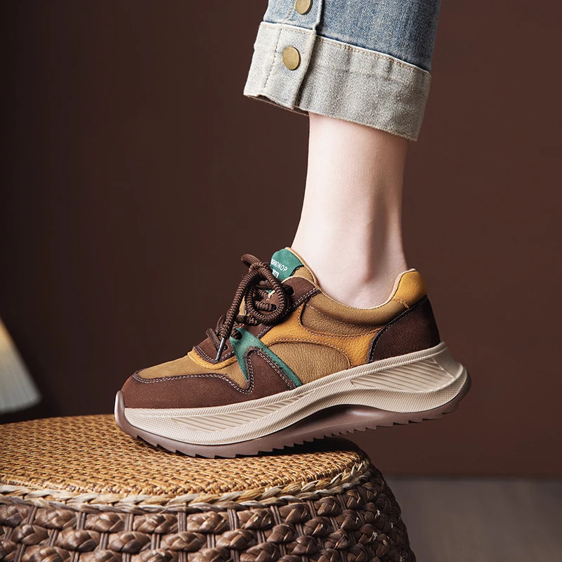 复古头层牛皮老爹鞋女2025秋季新款拼色厚底增高舒适阿甘德训鞋女