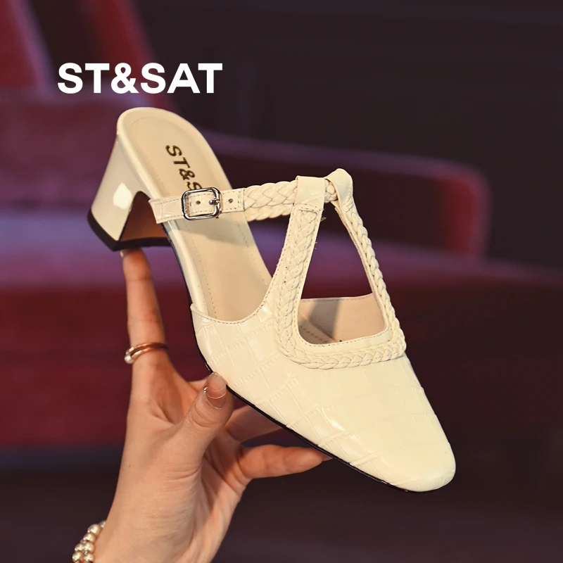 星期六包头半拖鞋女夏外穿真皮气质懒人鞋方跟时尚镂空穆勒鞋网红