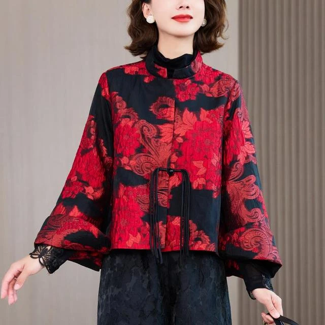 奢华妈妈国色天香浮雕提花中式红色短外套女2025早春长袖宽松上衣