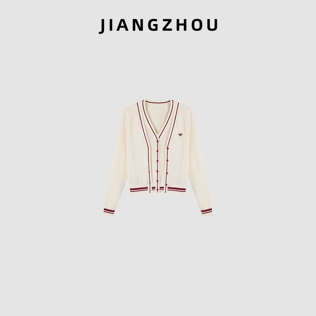 江洲【红笺】秋季新款女装撞色羊毛衫MIU风微宽松假两件毛织开衫