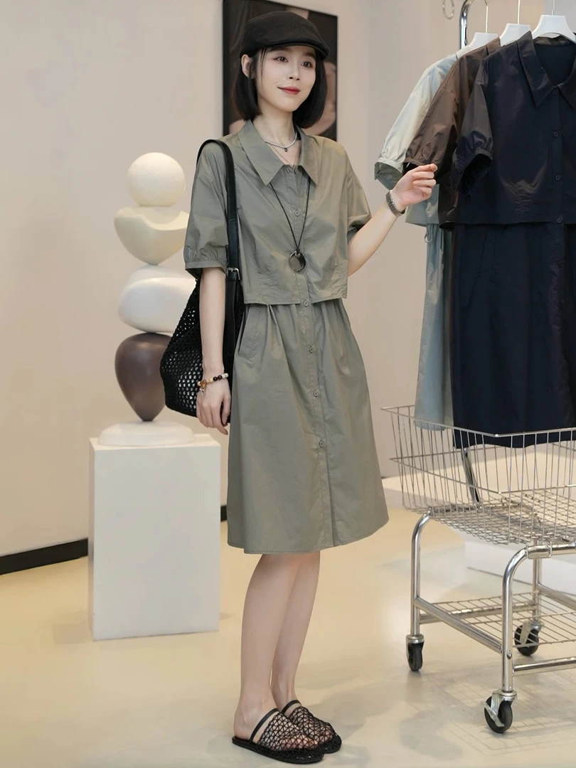【韩版穿搭】设计感假两件工装连衣裙女夏季新款宽松时尚收腰中长裙
