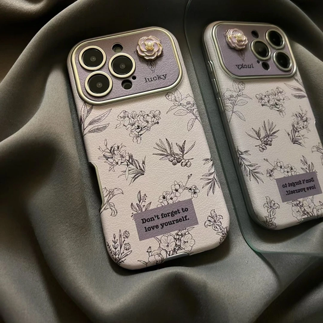 温柔紫立体花朵适用于苹果16手机壳皮质iPhone15全包14防摔13软12