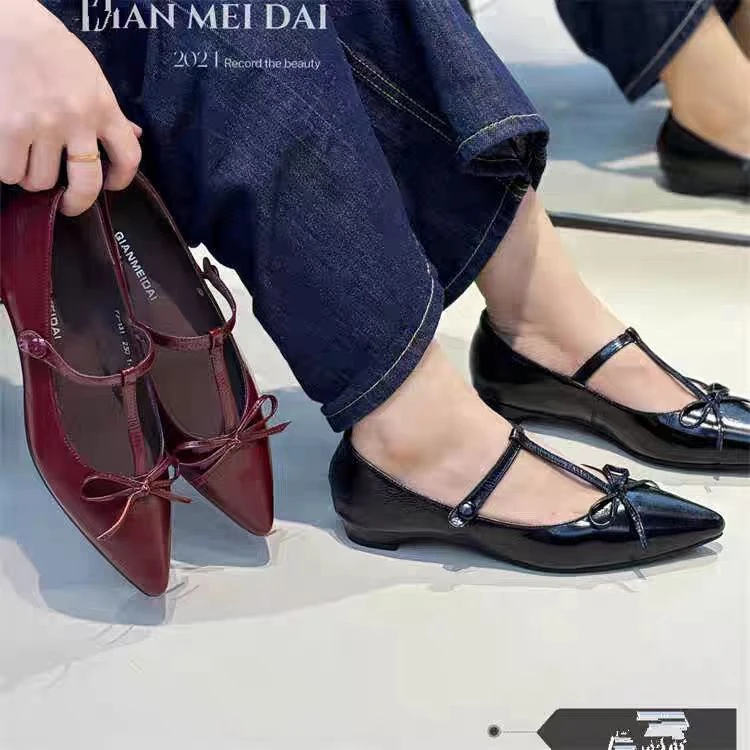 新款春季低跟尖头牛油皮T字带蝴蝶结法式单鞋皮里皮垫