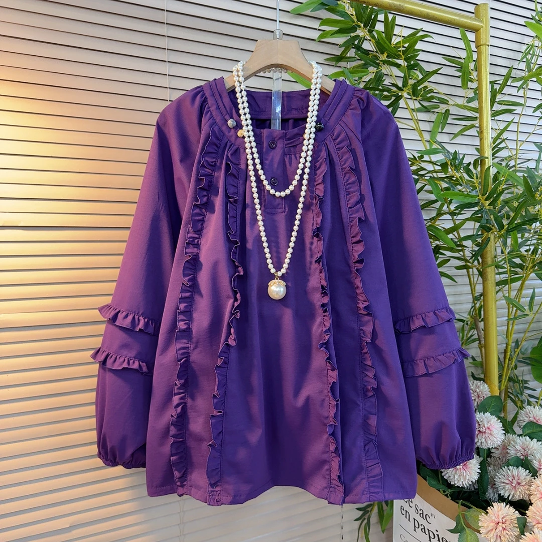 7925胖mm欧货时尚韩版插肩袖圆领订珠木耳边宽松减龄设计感百搭衫