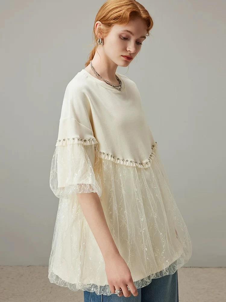 【2976】ED#重工钉珠网纱拼接圆领宽松上衣