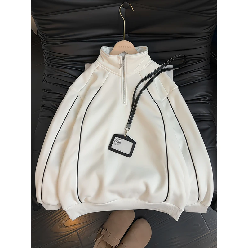 白色半拉链立领加绒卫衣男秋冬美式条纹拼接长袖上衣重磅正肩外套