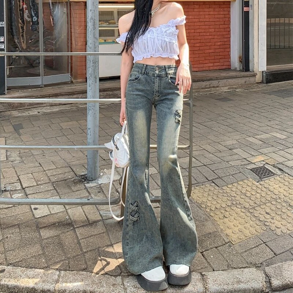 美式复古蝴蝶结微喇牛仔裤女2025秋季新款高腰垂感百搭显瘦马蹄裤