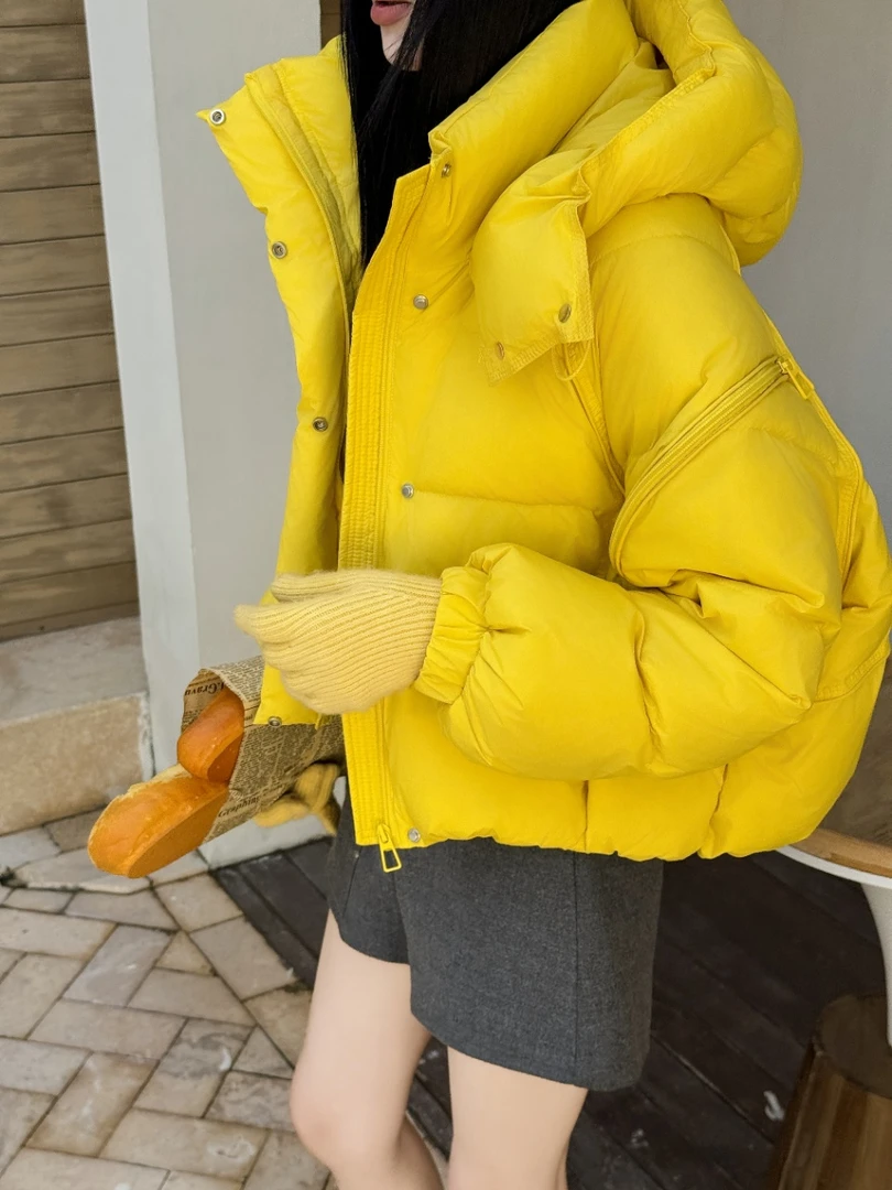 宽松小个子韩版保暖羽绒服女百搭短款加厚拉链袖冬连帽外套