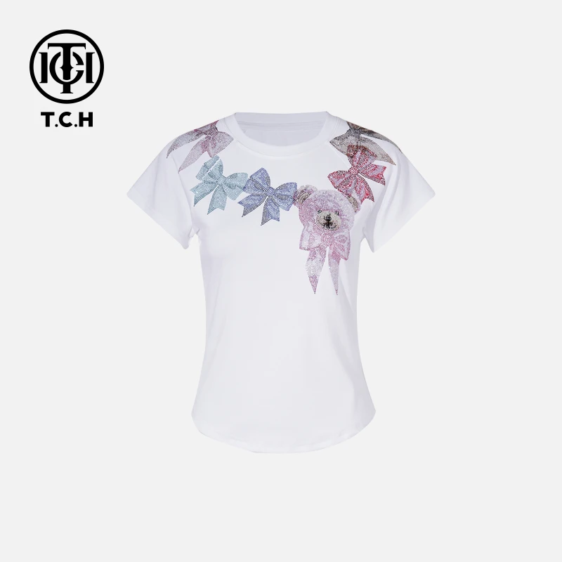TCH烫钻工艺时尚休闲百搭气质蝴蝶结T恤女款女T75B10E5068轻奢tch