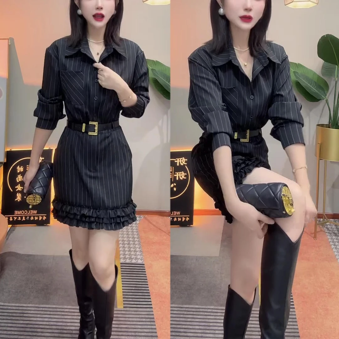 时尚法式条纹衬衫裙女2025秋季新款小个子气质显瘦中长款连衣裙