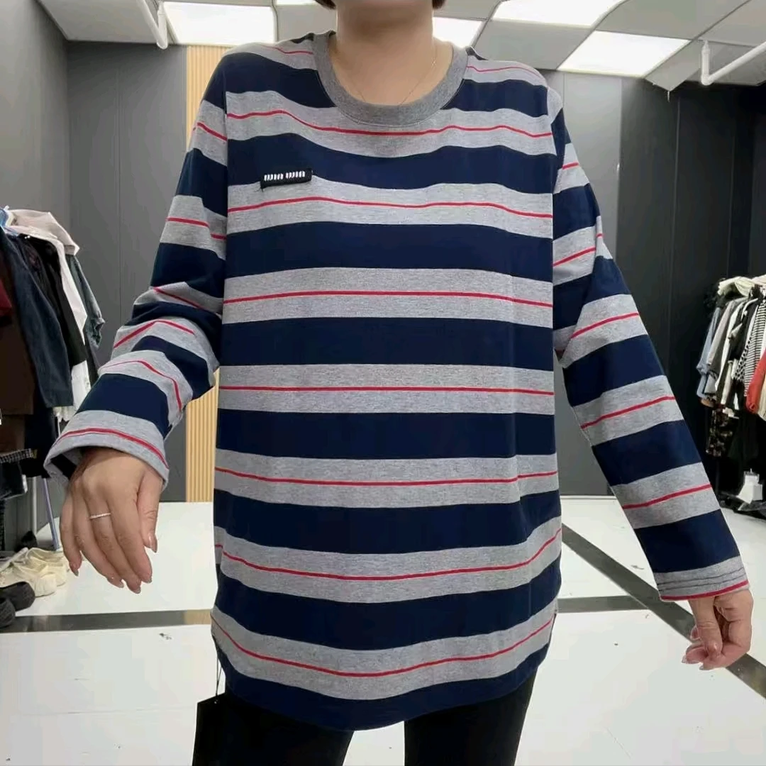 QY68329秋季宽松刺绣字母圆领套头条纹黑色长袖上衣