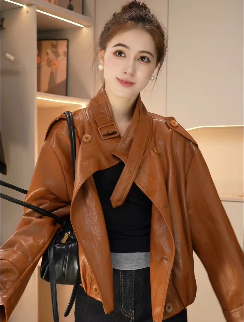 韩版机车重工油蜡PU蛋白皮宽松设计百搭女秋冬外套8878