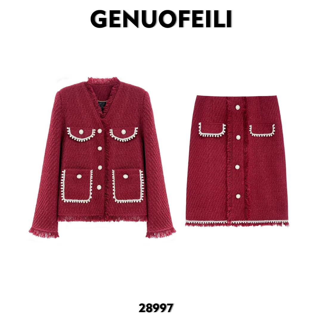 法式时尚气质高级轻奢名媛红色甜美小香风套装秋冬两件套-Q