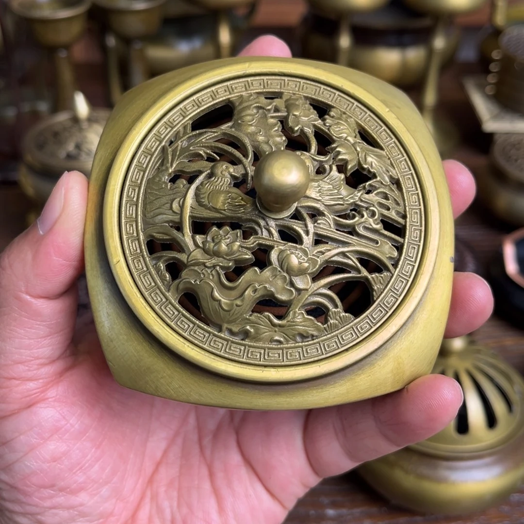 四方四足鸳鸯戏水熏香炉575克口径7公分