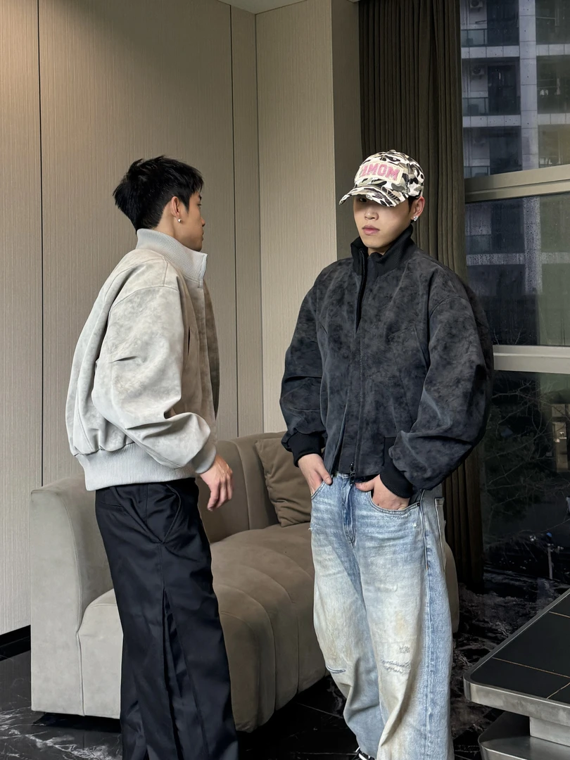 超超超会穿-美式复古软蛋白皮立领夹克春秋男女大理石纹皮衣外套