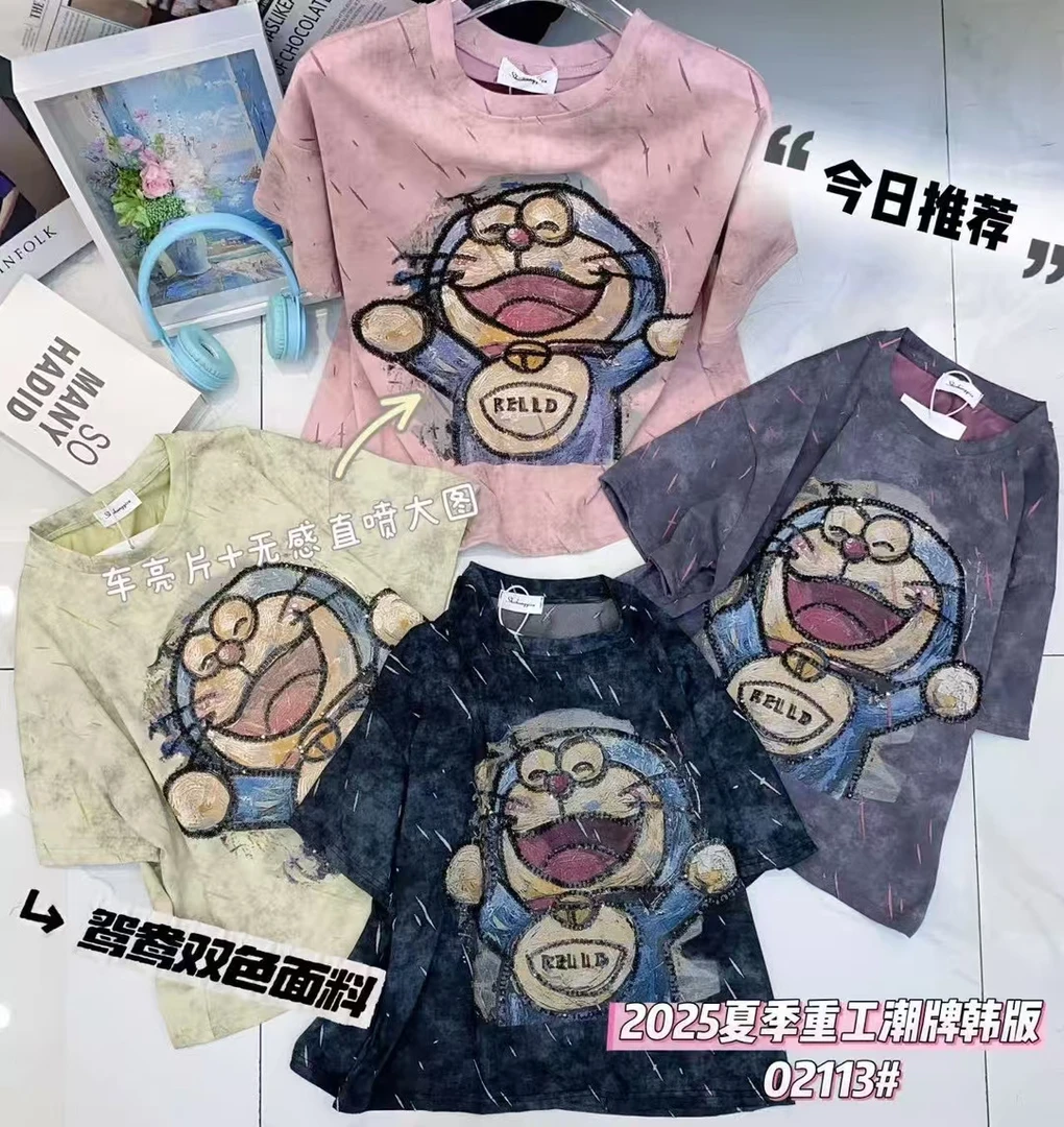 烫印宽松型落肩袖圆领短袖T恤设计师宽松时尚潮流轻奢牛仔