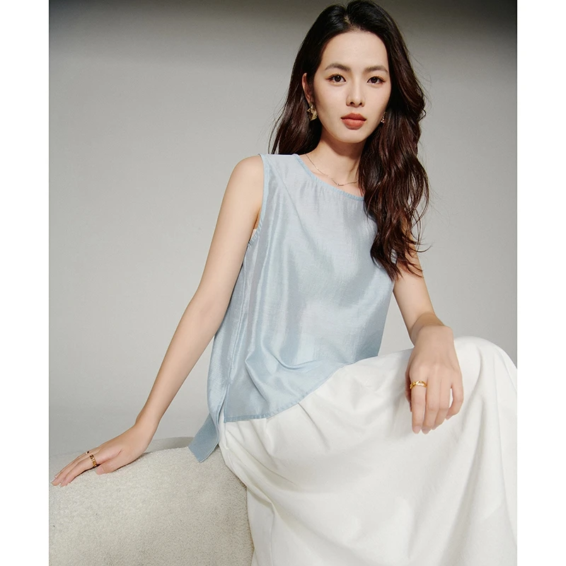 【新品】2025夏韩系无袖设计感不规则上衣轻熟衬衫女25061350