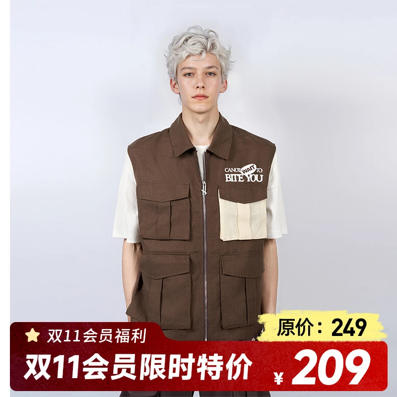 CANOTWAIT_陈伟霆多口袋撞色机能风亚麻混纺拉链背心休闲户外亲肤
