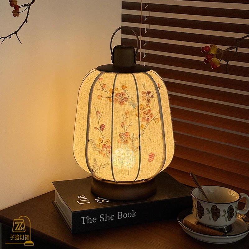宋式美学台灯中古风复古手绘氛围灯卧室床头灯手提布艺书法茶桌灯