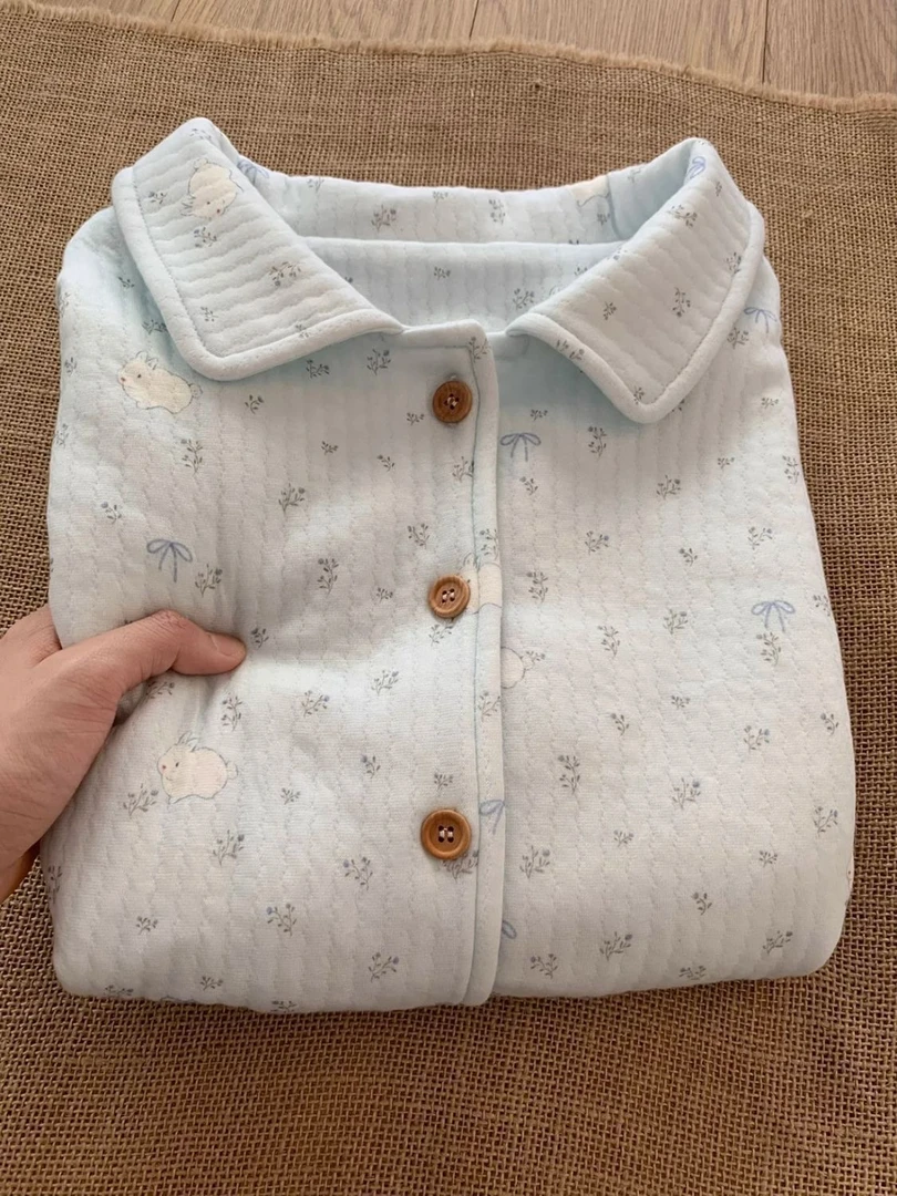 秋冬加厚空气棉睡衣女韩版海盐小兔子碎花翻领开衫长袖长裤家居服