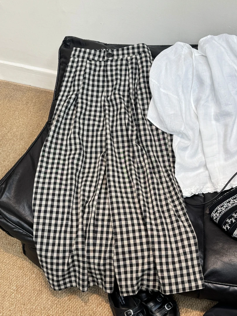 设计感韩系格子阔腿裤女25夏季新款半松紧腰宽松百搭休闲直筒长裤