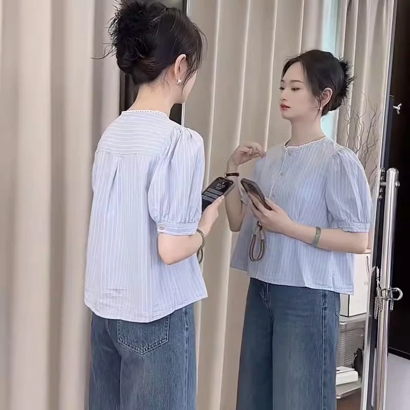 夏季新款条纹圆领衬衣宽松百搭显瘦甜美气质上衣潮衬衫