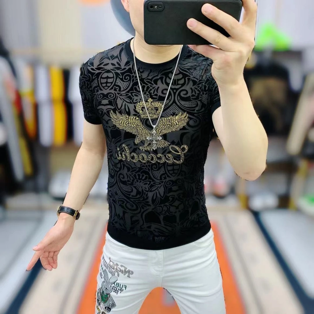 阿凯严选  夏季新款男士潮流时尚冰丝镂空6D植绒烧花修身圆领短袖