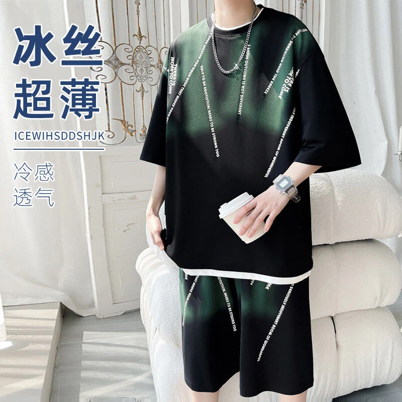 新款冰丝套装男潮牌宽松大码薄款运动休闲帅气凉感速干两件套