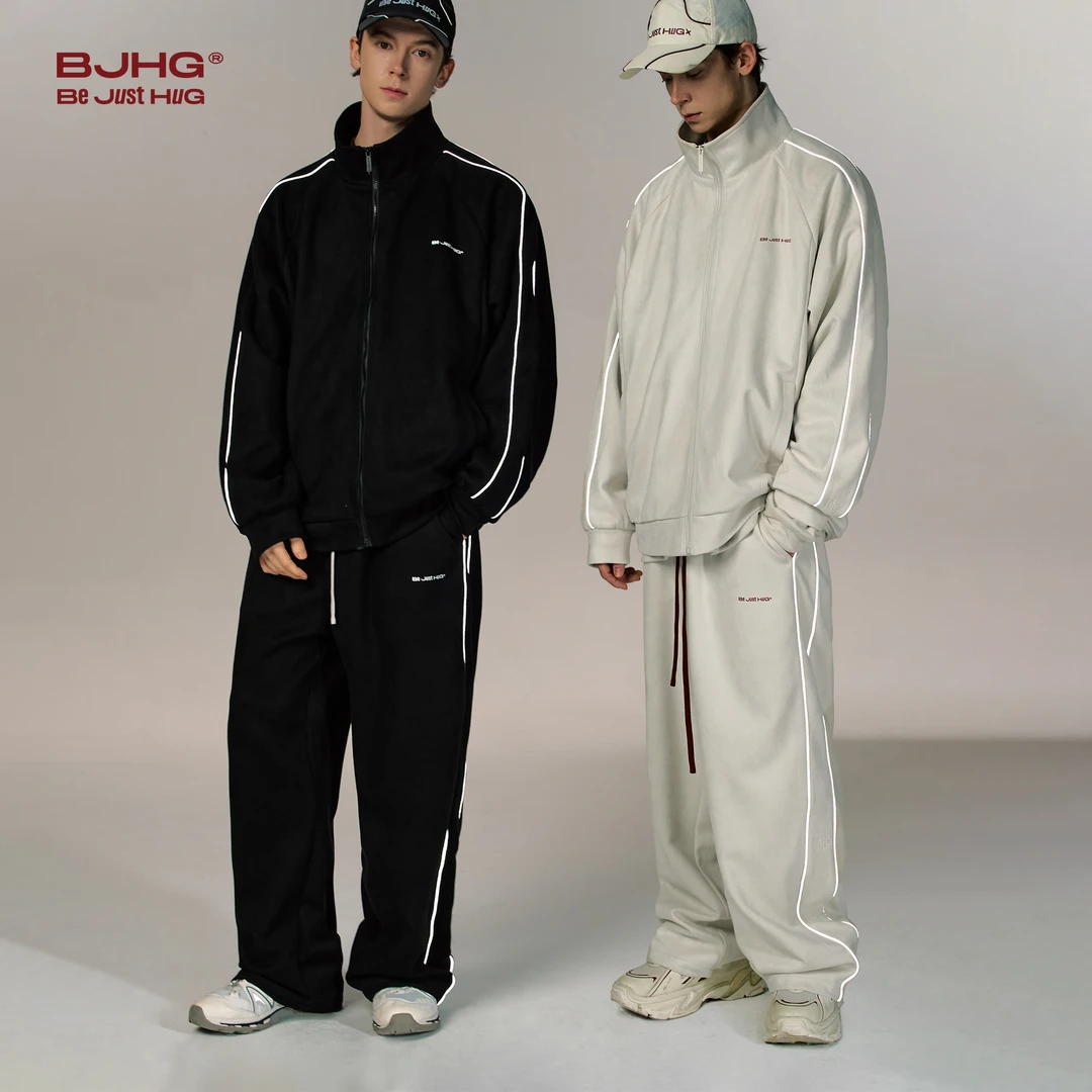 BJHG不计后果环保麂皮绒反光嵌条少年感卫衣套装男春季休闲运动