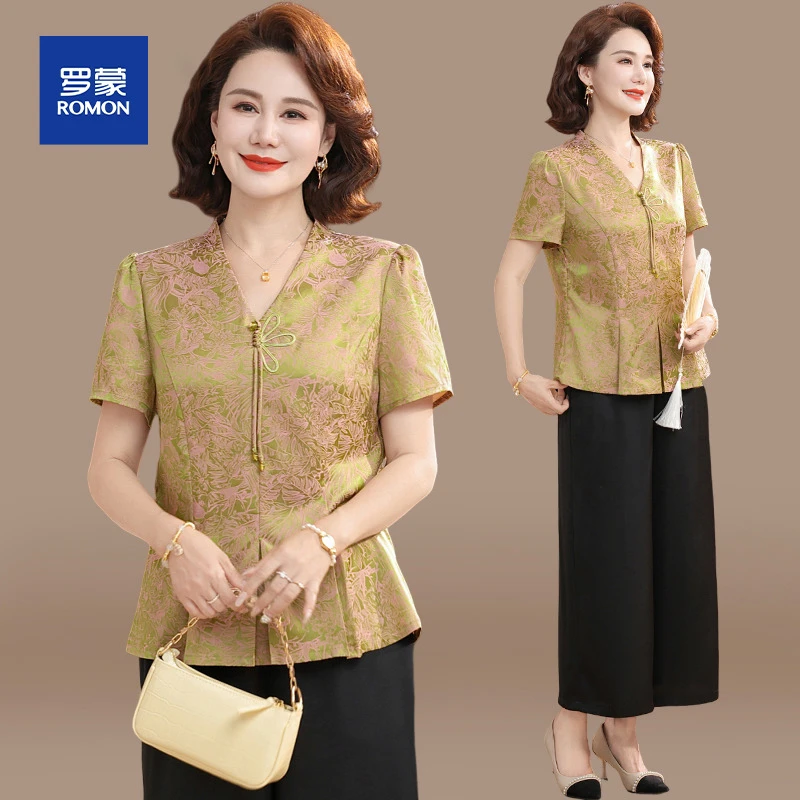 新中式妈妈夏装套装2025新款中老年人国风小衫夏季短袖T恤上衣女