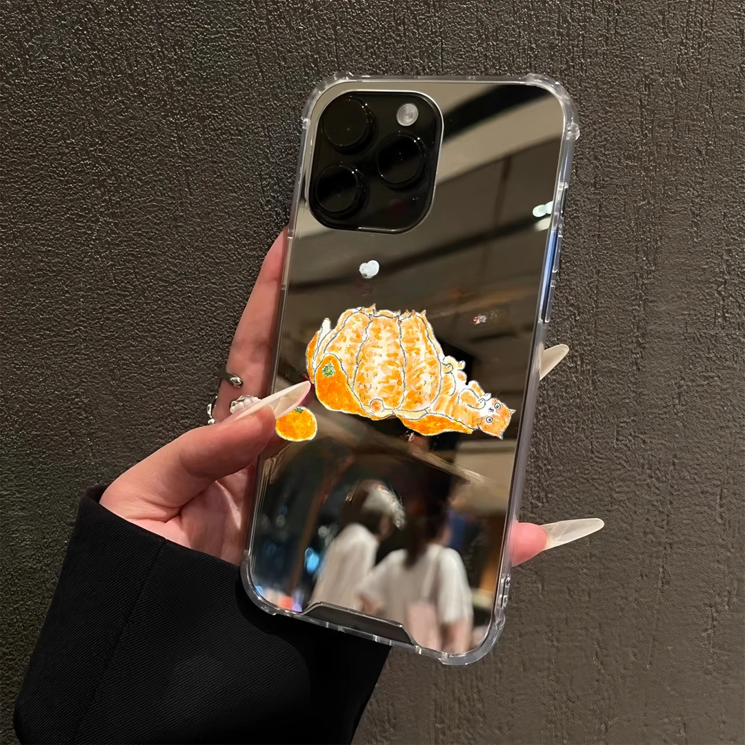 插画橘子小猫适用iPhone15苹果16promax手机壳14镜面13可爱猫咪12
