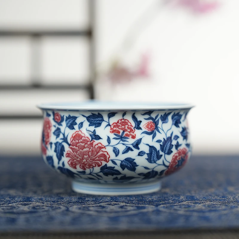 沐茗古韵 青花釉里红红折缠枝牡丹炉式杯150cc（mmgy238）