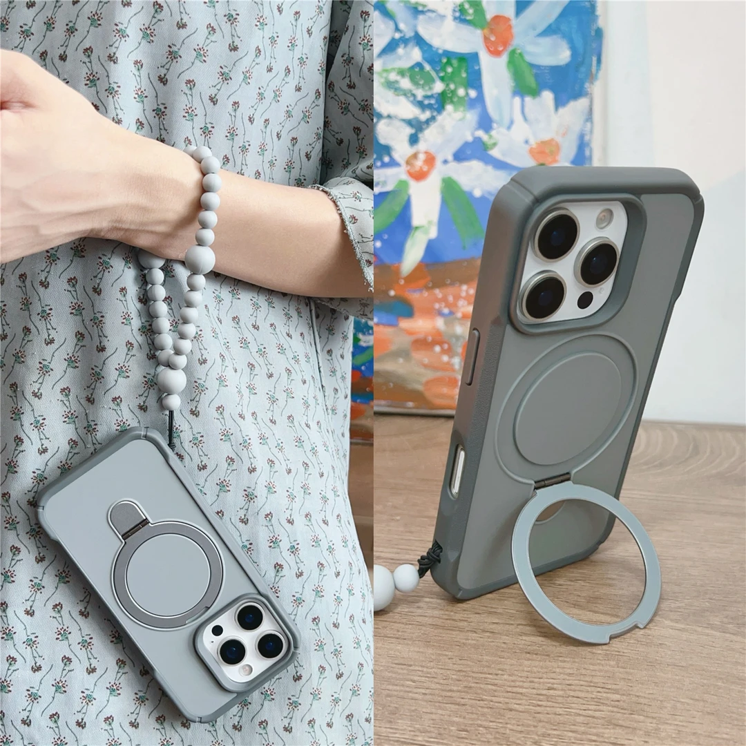 冷淡风灰色内置磁吸支架适用iphone17pro手机壳苹果16/15手链珠14