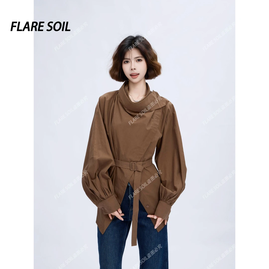 【FLARE SOIL】堆堆领秋冬韩系绑带收腰不规则门襟大衣 T40099A
