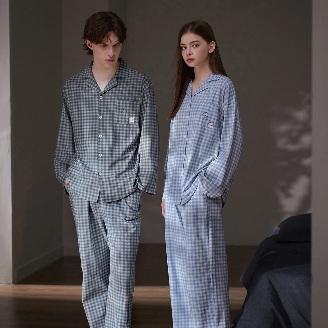 思莉太太【惊呆小猫】情侣睡衣女款春秋季纯棉男士格子慵懒风家居服