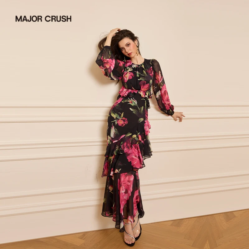 MAJOR CRUSH新款黑玫瑰名媛包臀连衣裙印花露腰设计荷叶边5148