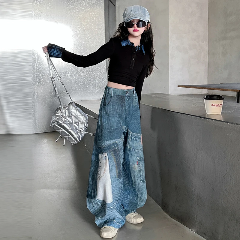 女童美式高街设计感补丁拼接牛仔裤2025春秋新款辣妹hiphop拖地裤