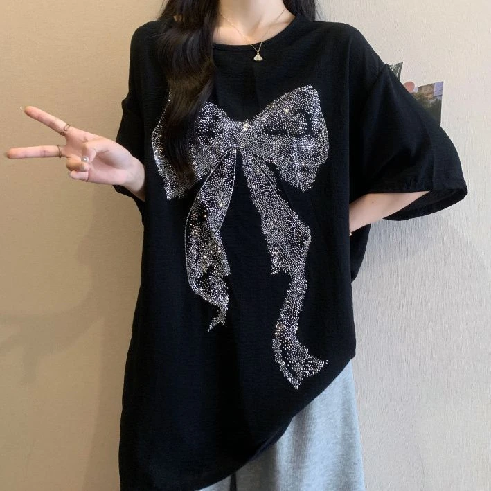 大码起皱冰丝蝴蝶水钻短袖t恤女夏季2025新款宽松显瘦胖mm上衣女