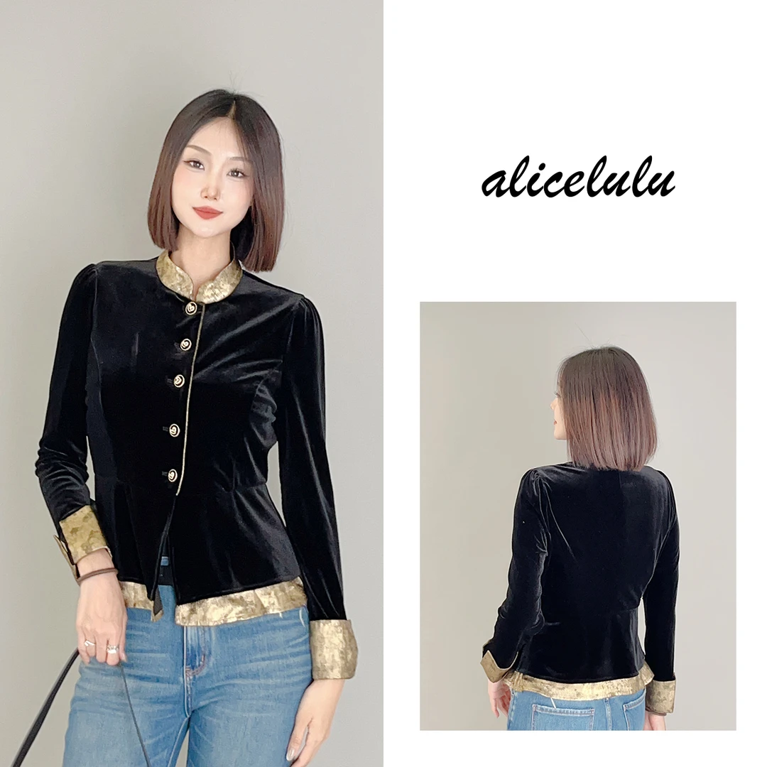 1 ALICE “一眼心动”衬衫 拼色丝绒 华贵名媛 S2139833A