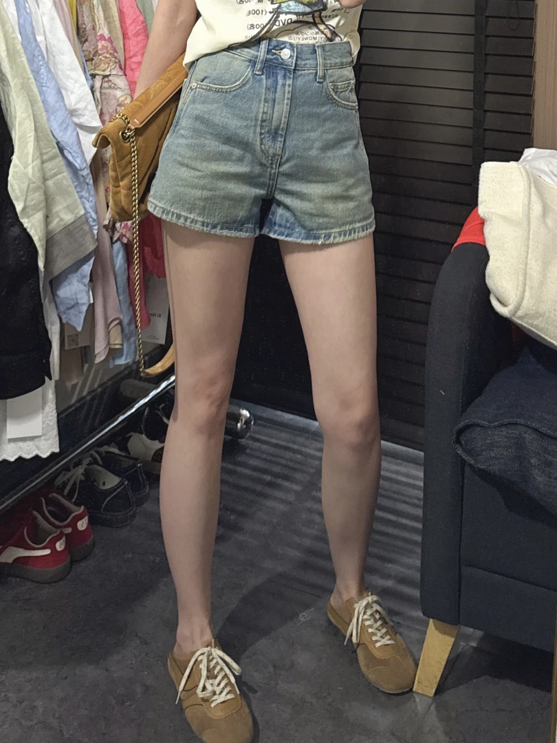 【思含】夏季做旧色复古水洗牛仔短裤