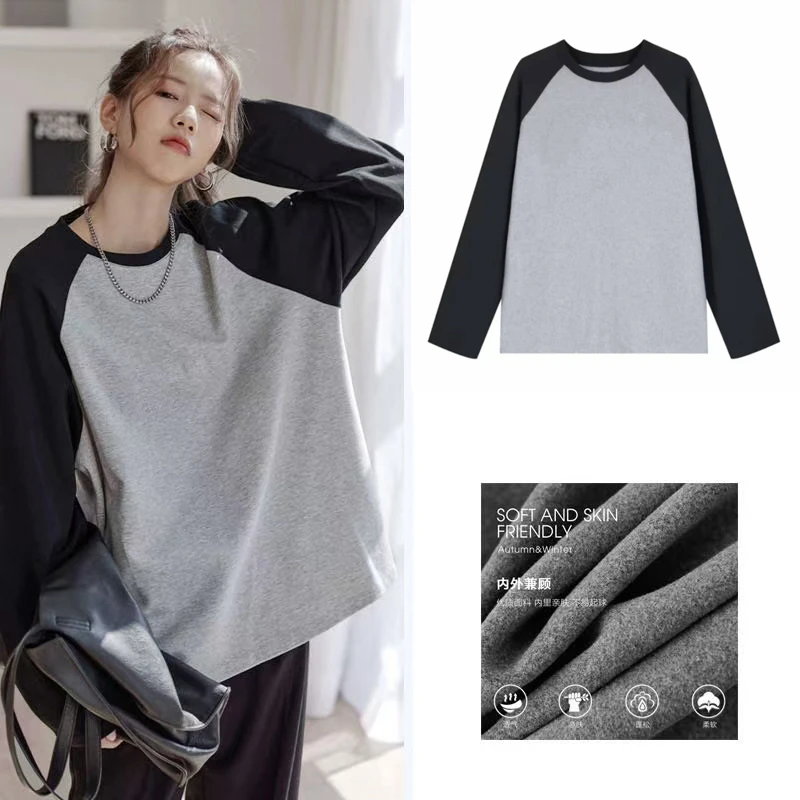 全码【九块九/件】秋冬保暖长袖简风宽松型长袖磨绒T恤韩版外穿
