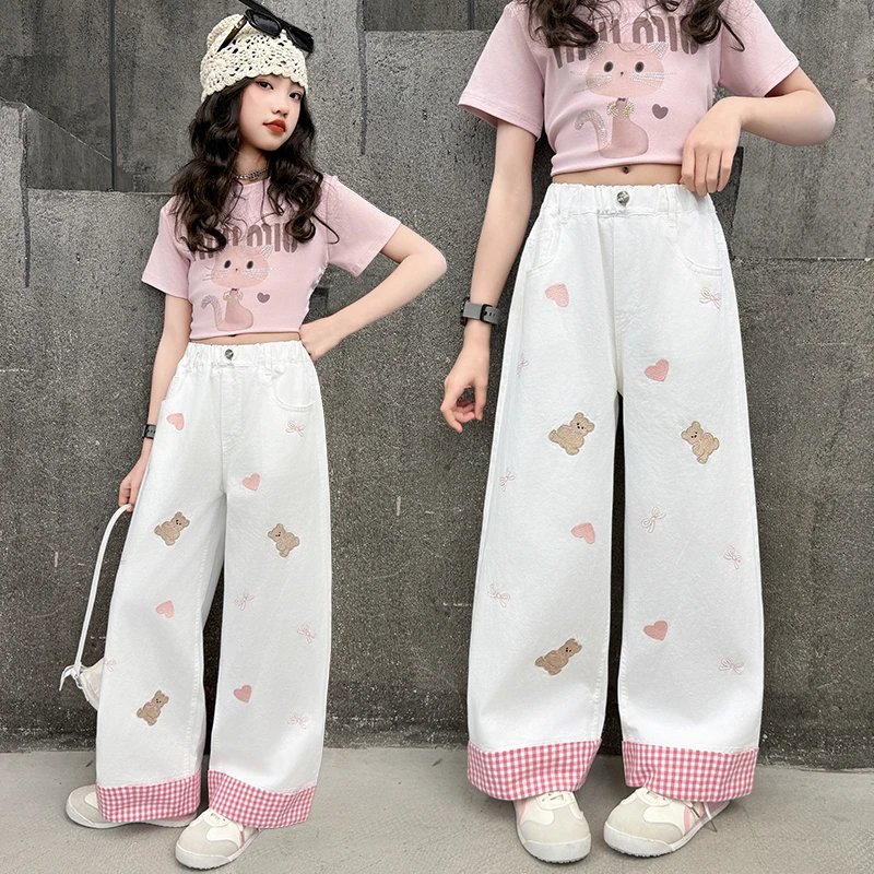 女童夏季套装2025新款粉色猫咪短袖设计感高腰格纹卷边休闲直筒裤