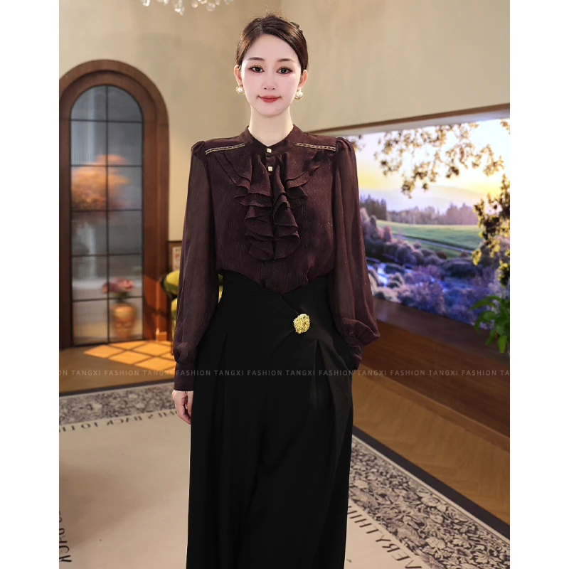 2025年春秋季新款【DD-2538】气质独特小众荡领乌梅紫长袖衬衫上衣