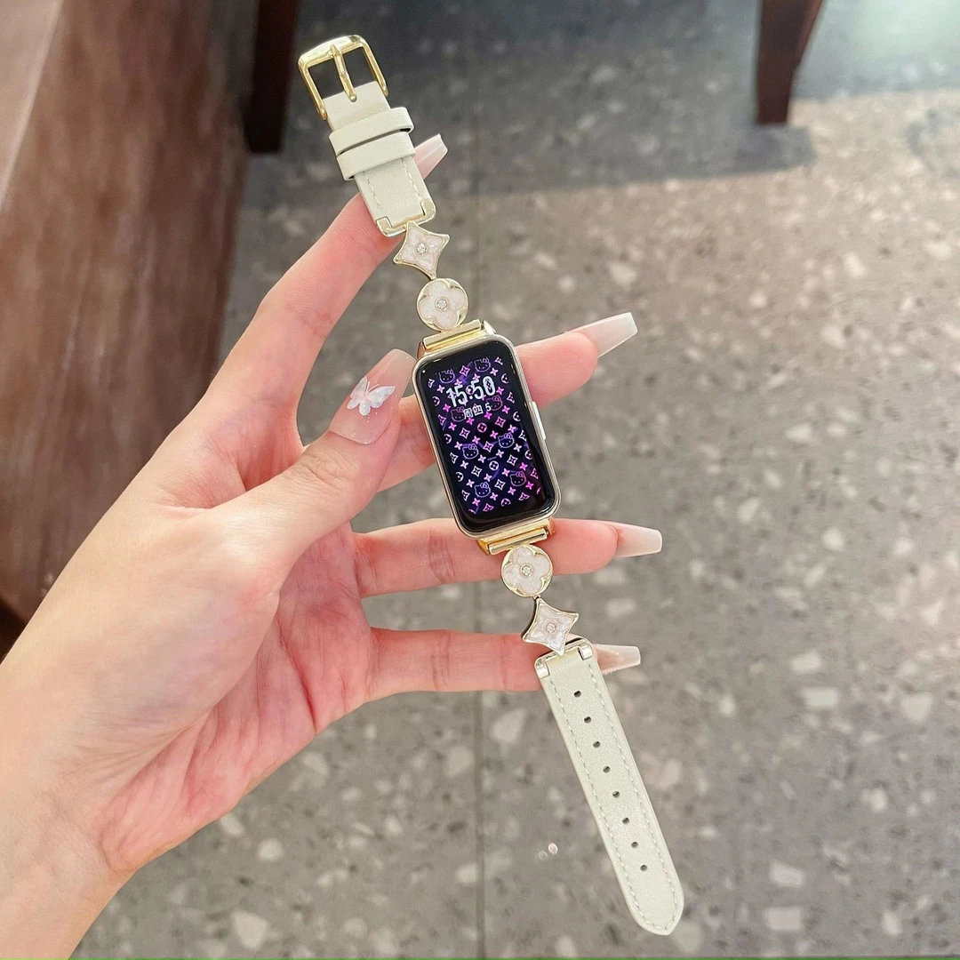 适用华为手环10四叶草金属拼皮质表带荣耀手环9高级ins风创意腕带