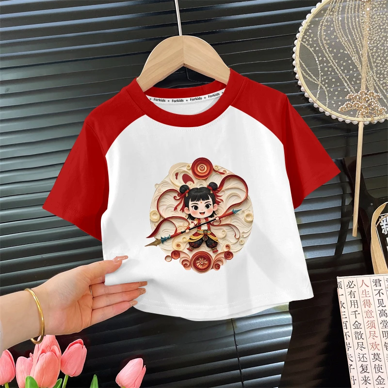 国潮风新款夏季哪吒男女童宝宝短袖T恤儿童纯棉夏装半袖上衣服装