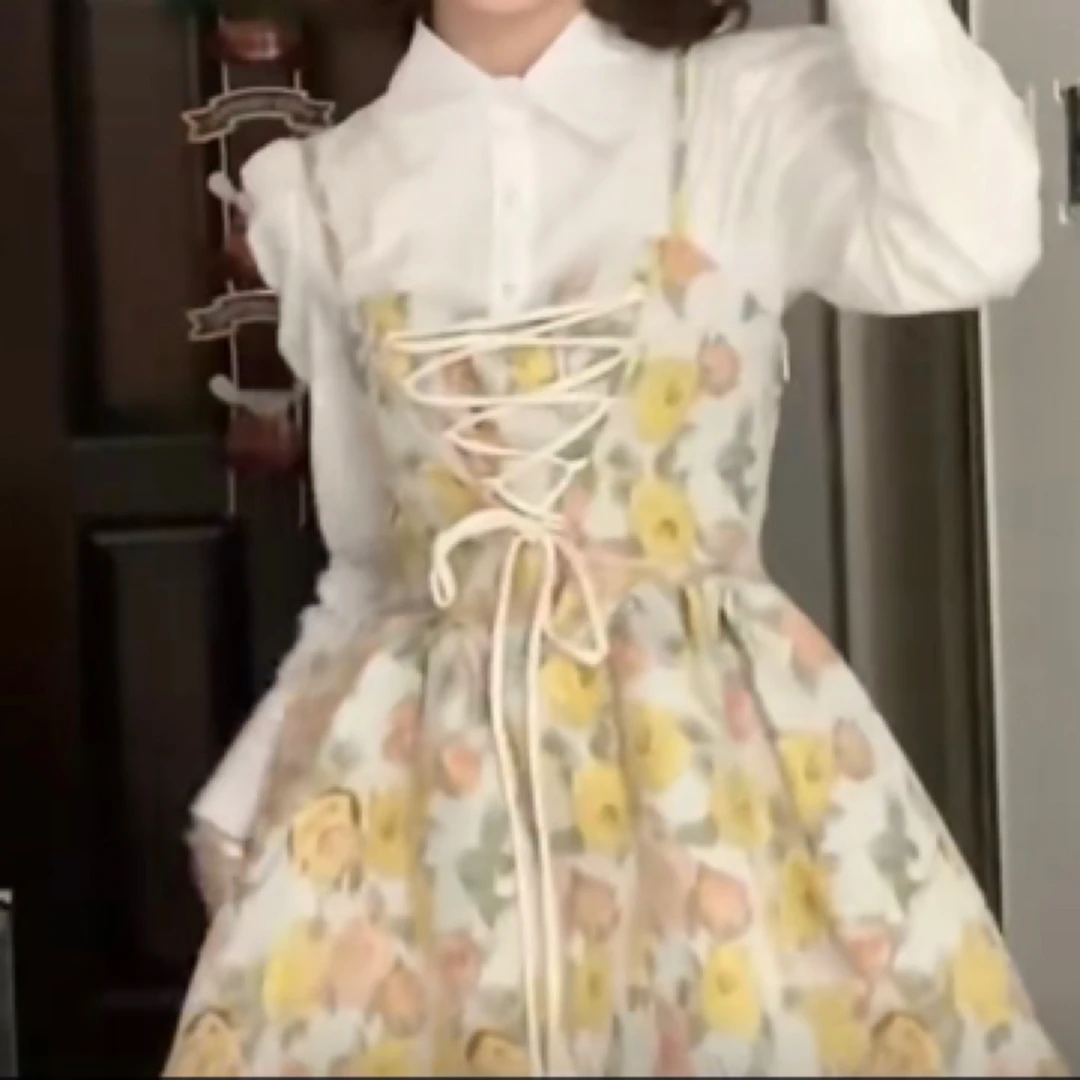 小小婷～玫瑰花油画吊带裙绑带收腰假两件显瘦公主连衣裙甜美印花